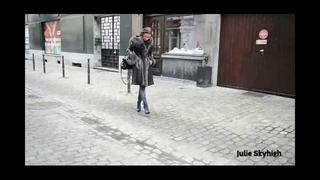 video nude under fur and eather coat overknee boots julie skyhigh softcore tease toy outdoor no sex shoes high heels sex