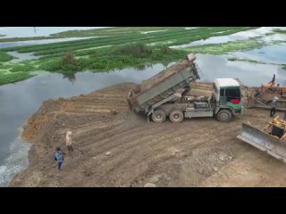 video wonderful operator old bulldozer use power pushing soil and 12 wheel dump truck delivery unloading sex